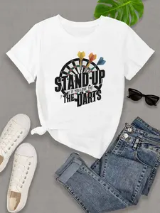 Women's Casual Short Sleeve Crew Neck T-Shirt - Vibrant Dartboard Graphic Print with "Stand Up for The Darts" Slogan, Relaxed Fit, Medium Elasticity, Machine Washable, All-Season Comfort, Dart Shirts