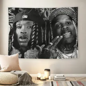 King Von & Lil Durk Black White Wall Flag, Drill Hip Hop Tapestry, Mid-century Modern Streetwear Style Room Decor for Adult Fans, OTF Rapper Collage Wall Hanging