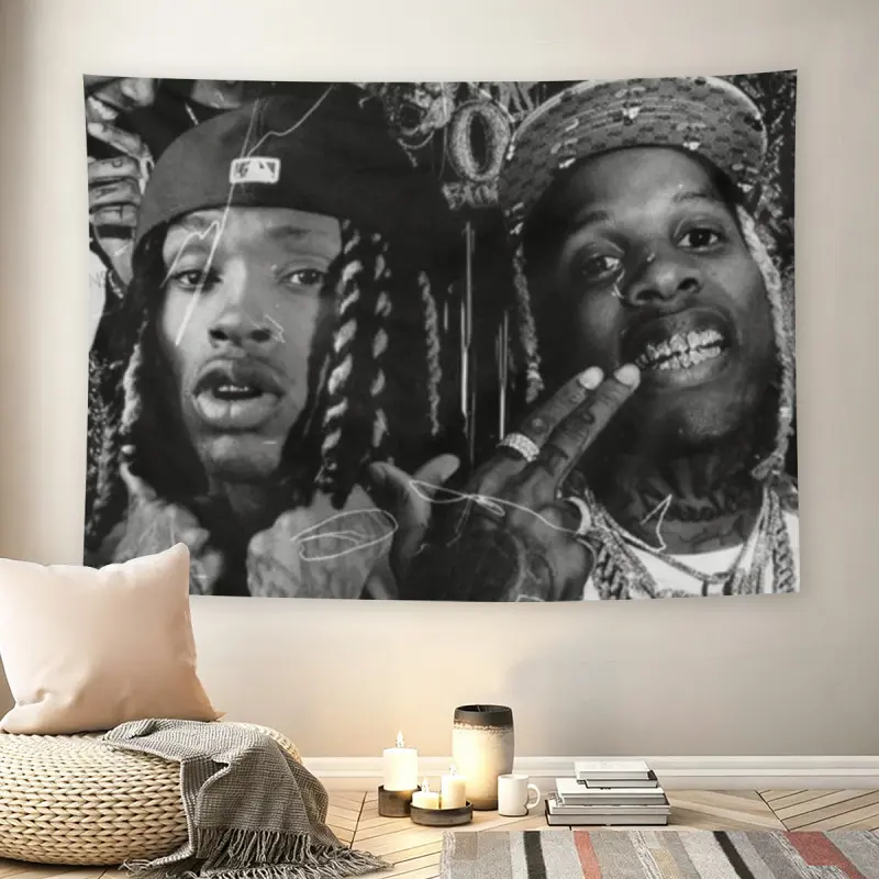 King Von & Lil Durk Black White Wall Flag Decoration, Drill Hip Hop Decorative Tapestry, Mid-century Modern Streetwear Style Living Room Wall Decor for Adult Fans, OTF Rapper Collage Wall Hanging