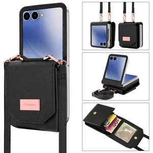 Foldable Wallet Phone Case for Samsung Galaxy Z Flip 7/6/5/4/3, Includes Shoulder Strap, Card Holder, Trendy & Durable Design