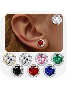 Silver Studs Earrings for Women - Sterling Silver Round Birthstone Earrings - Hypoallergenic Earrings Studs 8mm - Brilliant Large Cubic Zirconia Stud Earrings