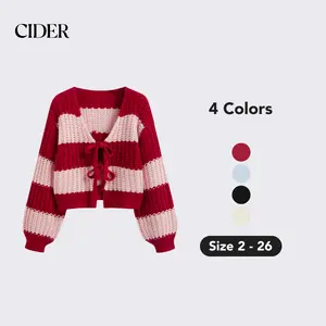 Cider [4 colors, size 2-26] Knit V-neck Striped Tie Front Cardigan
