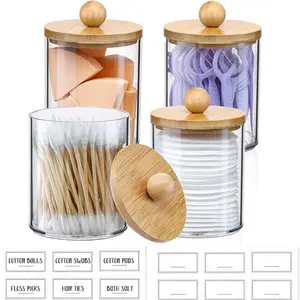 4 Pack Qtip Holder Dispenser with Bamboo Lids - 10 oz Clear Plastic Apothecary Jar Containers for Vanity Makeup Organizer Storage - Bathroom Accessories Set for Cotton Swab, Ball, Pads, Floss Bottles Round