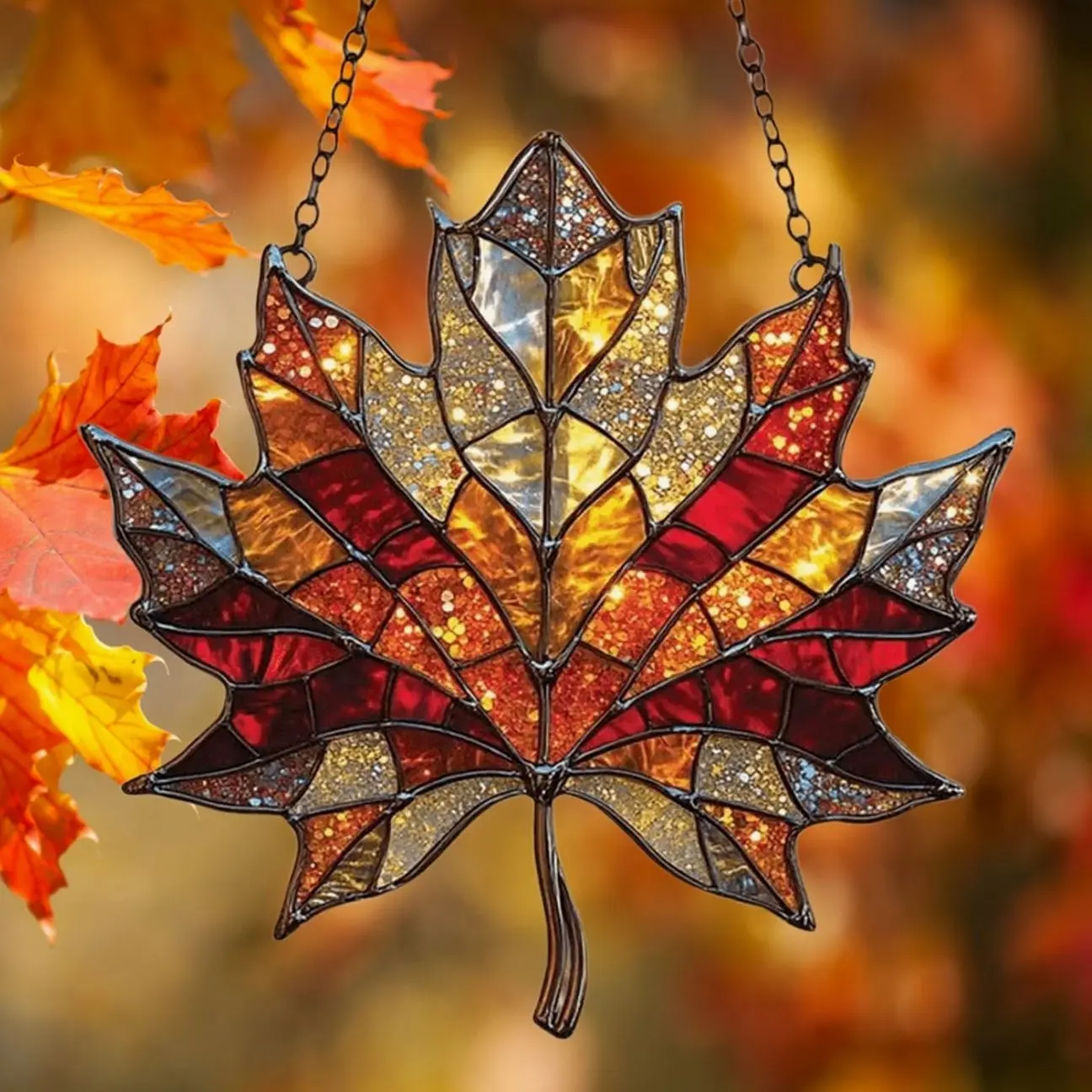 Fall Maple Leaf Suncatcher, Stained Glass Window Hanging, Glitter Maple Leaves Fall Ornaments, Maple Leaf Pendant for Fall Winter Thanksgiving Pink
