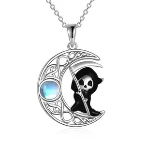 YFN Moonstone Skull Necklace 925 Sterling Silver Grim Reaper Moon Wiccan Necklace Jewelry for Women