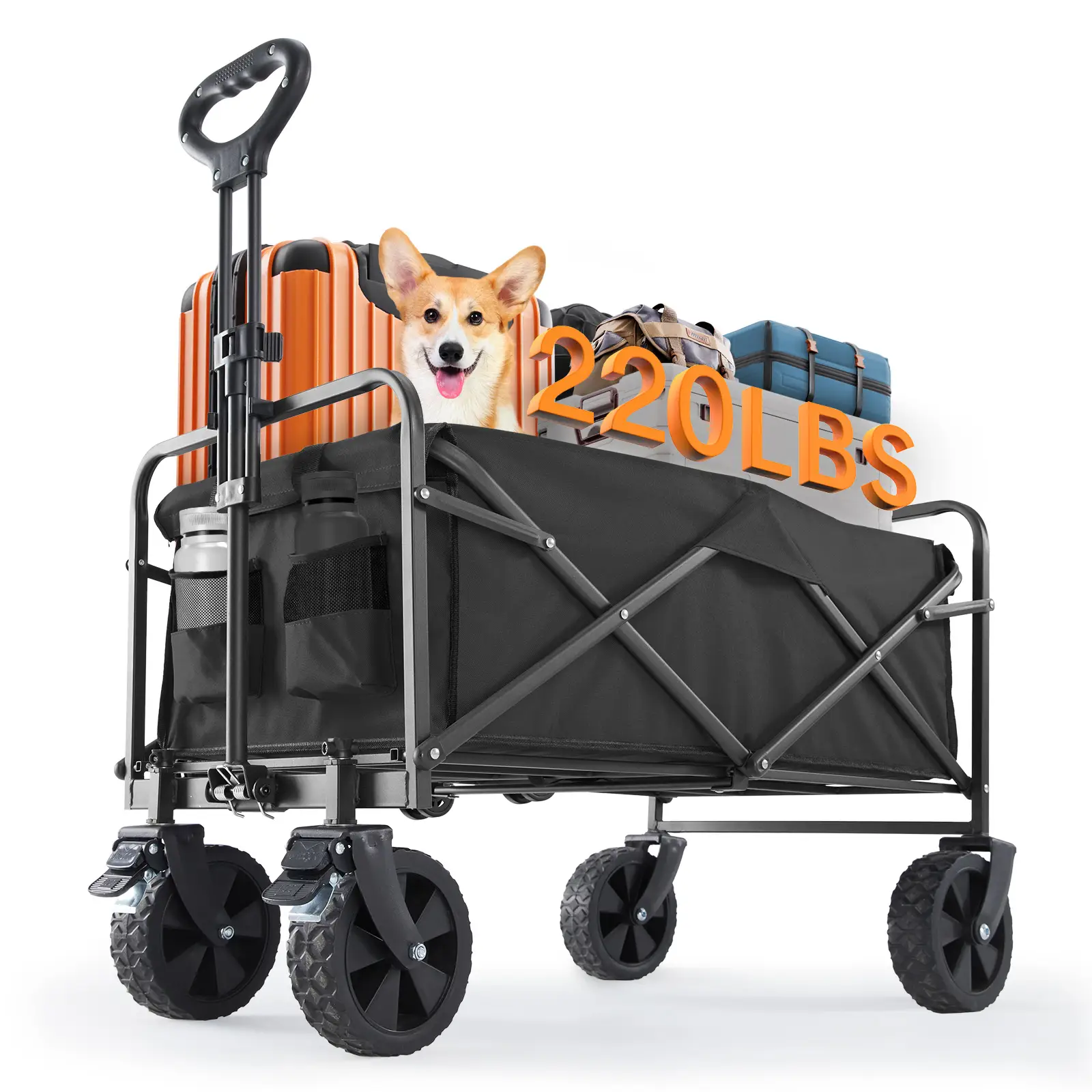 Collapsible Wagon Cart, Large Capacity Cart with All-Terrain Wheels, Heavy Duty Utility Grocery Wagon with Drink Holders for Shopping Camping