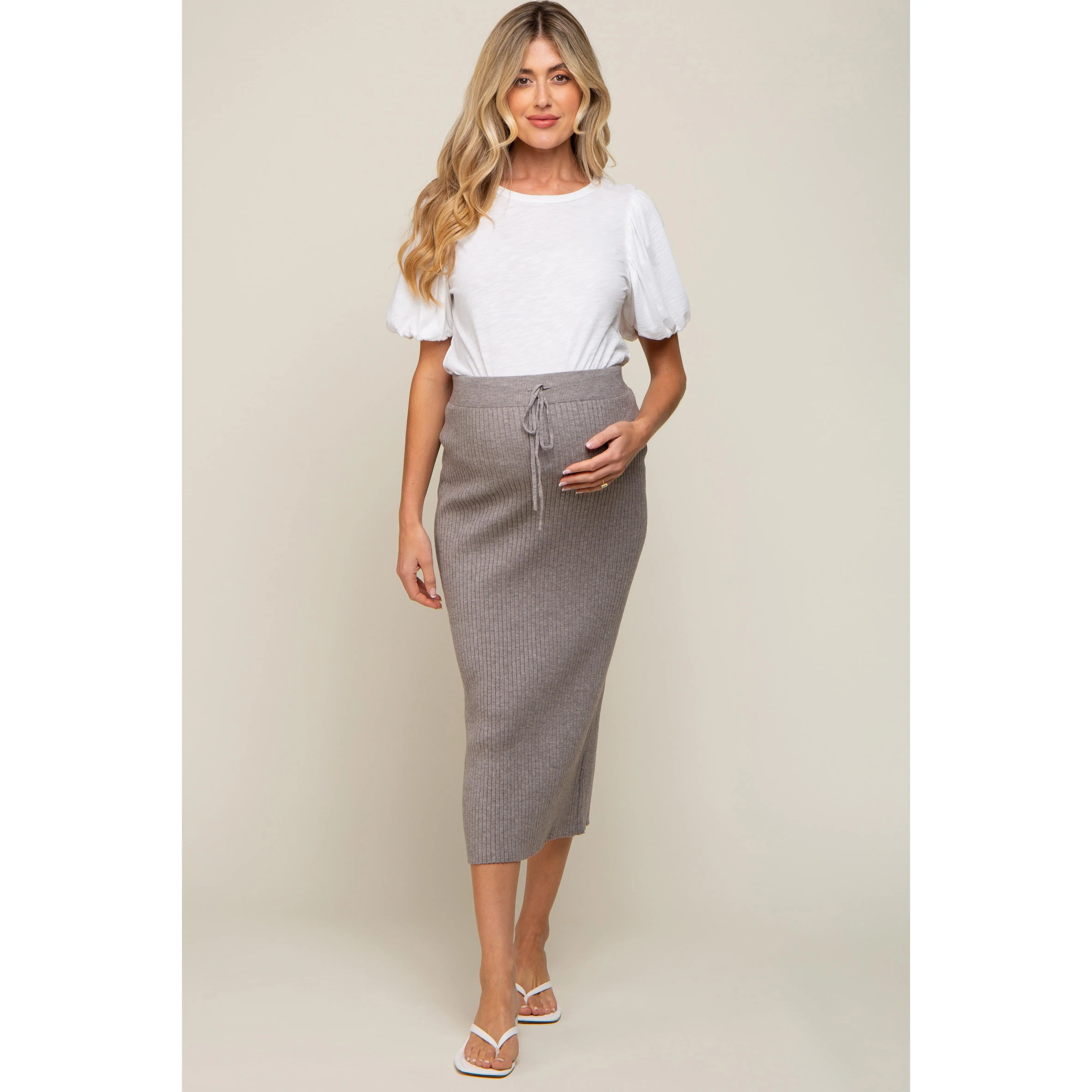 Grey Rib Knit Maternity Midi Skirt