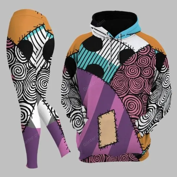 Halloween Patchwork Hoodie Leggings Set, Spooky Stitched Print Outfit, Gothic Spiral Pattern Tracksuit, Colorful Horror Costume, Fall Gift