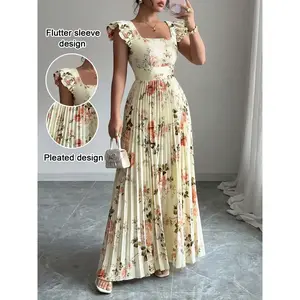 Women’s square-neck floral elegant ruffled long dress with a high tie waist and slim A-line silhouette; party dresses with short ruffled sleeves; elegant and romantic women’s dresses; floral pattern dress