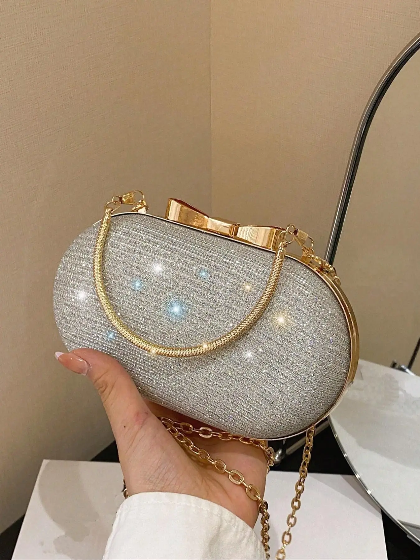 Women's Evening Bags for Party Wedding Perfect for Gift, Elegant Solid Color Bow Decor Glittery Box Clutch with Chain Strap & Ring Handle