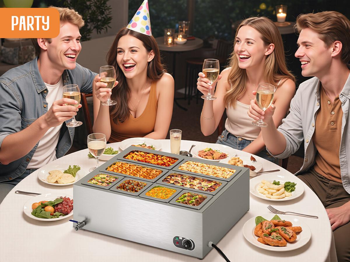 [Spring Sale] AMERLIFE 4/8/12-Pan  48/72/96QT Commercial Food Warmer, 1200/1500/1800W Stainless Steel Steam Table with Top Shelf, Lids, Food Tongs, Undershelf, Wheels, 110V Temp Control for Catering