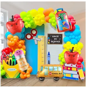 158pcs Back to School Balloon Garland Arch Kit, School Bus House Pencil Bag Foil Balloon with Rainbow Balloons for First Day of School Kindergarten Graduation Party Supplies