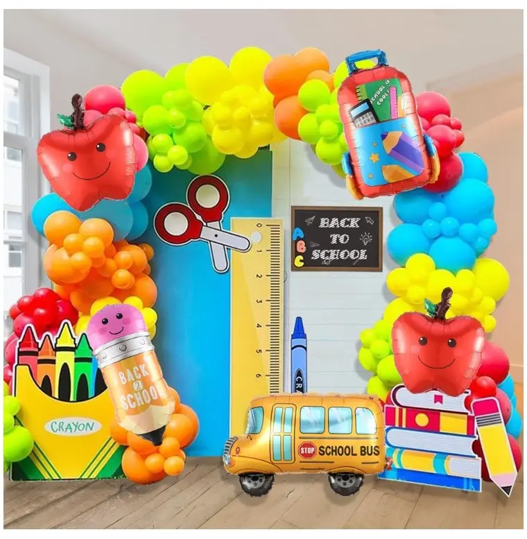 158pcs Back to School Balloon Garland Arch Kit, School Bus House Pencil Bag Foil Balloon with Rainbow Balloons for First Day of School Kindergarten Graduation Party Supplies
