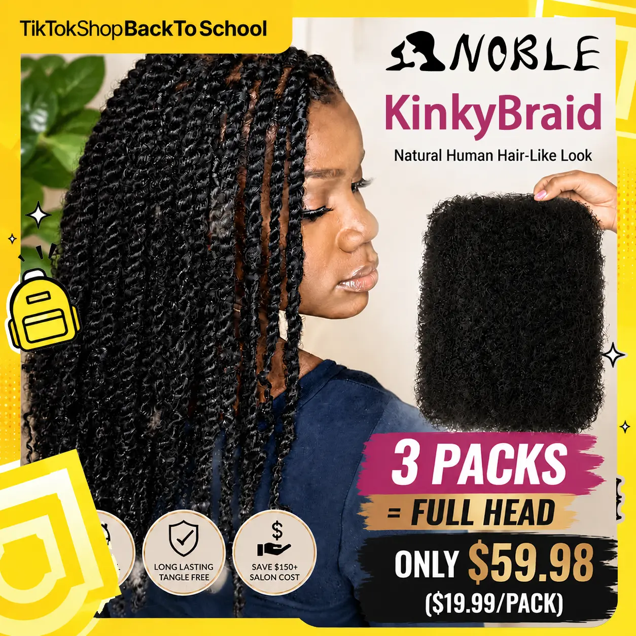 [TikTokShopBackToSchool] NOBLE KinkyBraid Premium Synthetic Fiber Mini Twists Hair Extensions - Low Maintenance, Braided Twists, Protective Styles for Black Girls, Includes Synthetic Fiber Wigs, Dreads, Afro Curls DIY Options