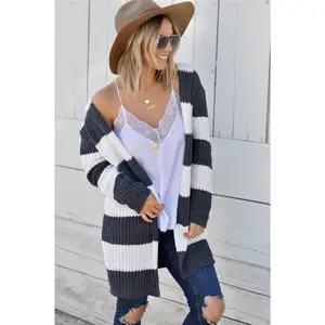 Contrast Stripes Open Front Long Sleeve Cardigan