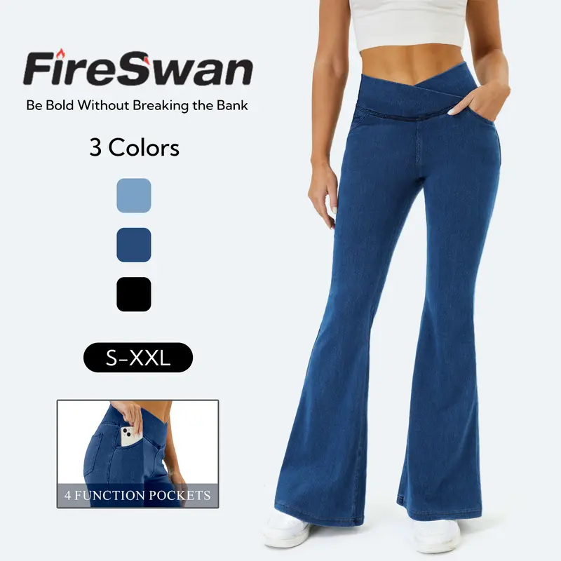 FireSwan Women's High-Waisted Crossover Pocket Medium Wash Stretchy Knit Denim Fitted Super Flare Bottoms - Casual Lady Jeans Pants