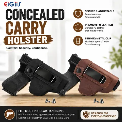 EIGIIS Premium PU Leather Inside Waistband (IWB) Concealed Carry Holster for Men - Adjustable Snap, Discreet, Heavy Duty Clip, Right Hand Fit for Glock 17 19 42 43 43X Taurus G2C G3C Sig P365 P320 Springfield Hellcat Ruger S&W 9mm