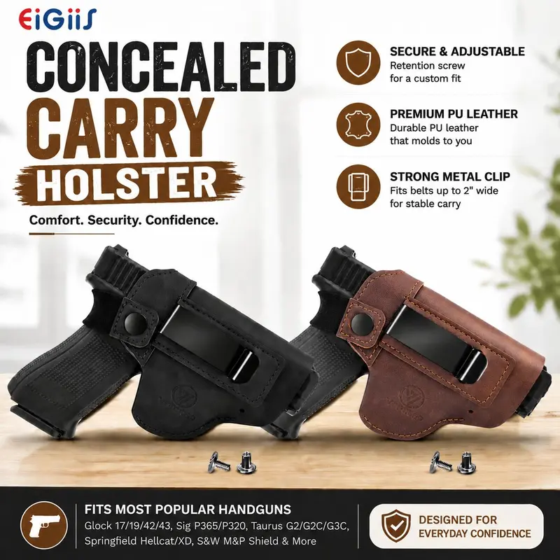 EIGIIS Premium PU Leather Inside Waistband (IWB) Concealed Carry Holster for Men - Adjustable Snap, Discreet, Heavy Duty Clip, Right Hand Fit for Glock 17 19 42 43 43X Taurus G2C G3C Sig P365 P320 Springfield Hellcat Ruger S&W 9mm