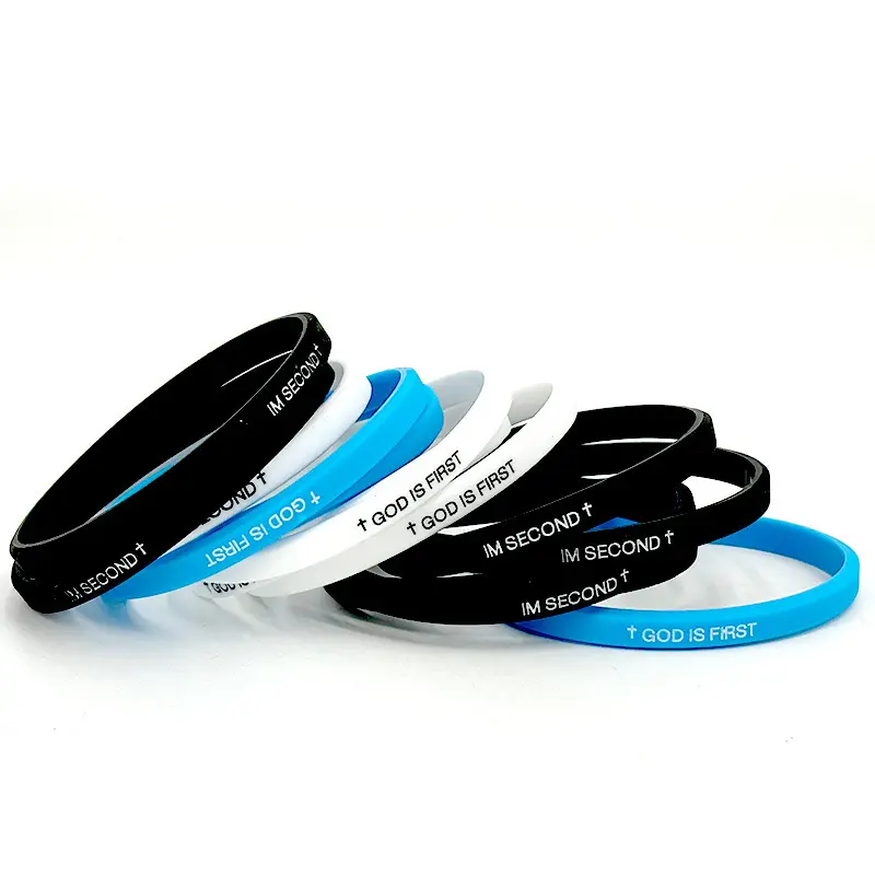 4pcs Stackable Silicone Bracelets - Engraved Cross, "God is First I'm Second" Inspirational Bible Verse Christian Wristbands, Baptism Gifts for Teens & Adults, Stackable Bracelets