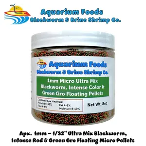 Blackworm Pellets, 1mm-1/32" Ultra Mix. California Blackworm, Intense Coloring & Spirulina Premium Floating Pellets for Small & Baby Cichlids, Discus, All Tropical Fish, Koi & Pond Fish. FREE 4-Type Wafer Mix & 12-Type Pellet Mix Included… Round Jar