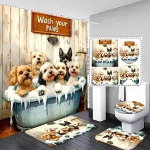 This 1/4-piece adorable dog-themed shower curtain set includes a non-slip mat, a U-shaped rug, and a toilet seat cover. Perfect for bathroom decoration, partitioning, and beautifying the space. Comes with 12 shower curtain hooks.