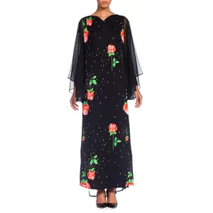 1970S Black Polyester Jersey Rose Print Maxi Dress W/ Chiffon Bell Sleeves & Cape, XL
