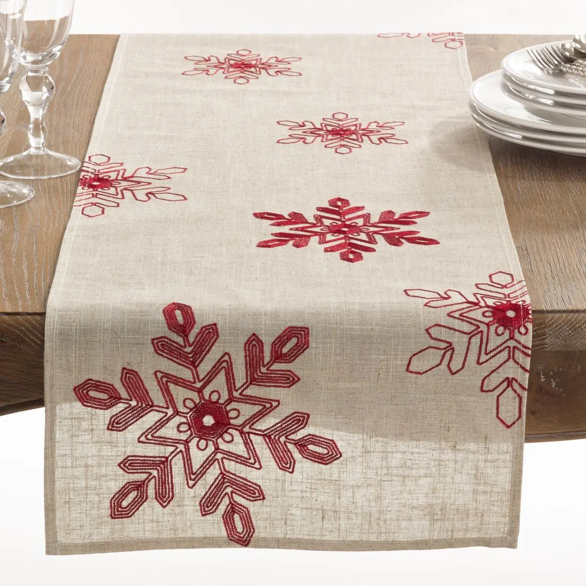 16 x 90 in. Embroidered Snowflakes Table Runner, Red