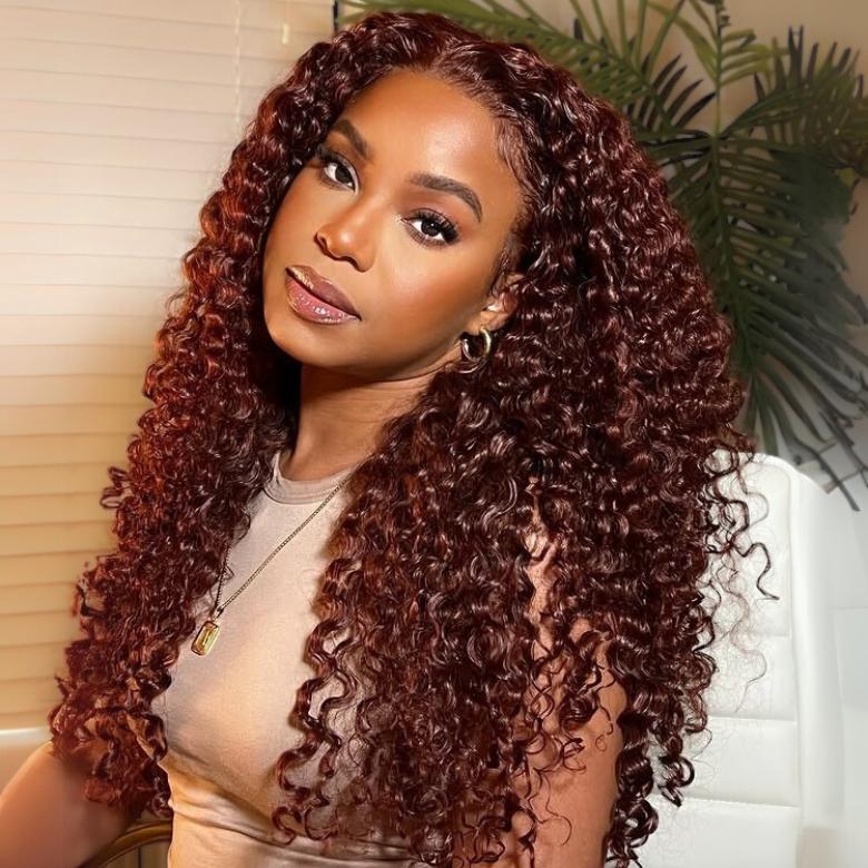 UNice Ready To Wear Reddish Brown Curly Wig Glueless 7x5 Pre-cut Lace ClosureHuman Hair with Bleached Knots Beginners Friendly Wig