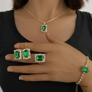 Green Jewelry Sets for Women Emerald Cut Crystal Pendant Necklace Hook Earrings Ring Bracelet Set Elegant Vintage Wedding Cocktail Party Jewelry Gift