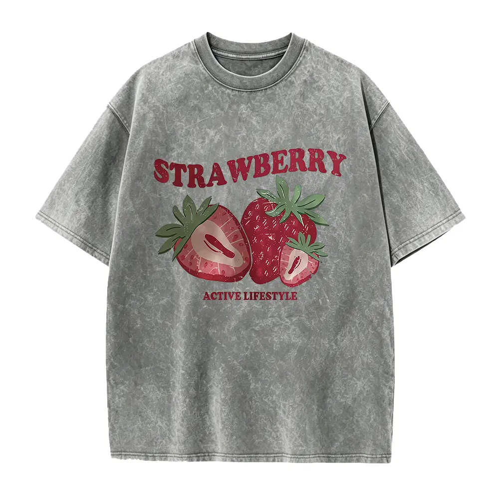 Women's Casual Y Crew Neck T-Shirt with Strawberry Cartoon Print and "Lifestyle" Slogan - White with Red Graphic, Machine Washable, Spring/Summer Fashion, Everyday Comfort, Fun Design, Soft Texture Shirt