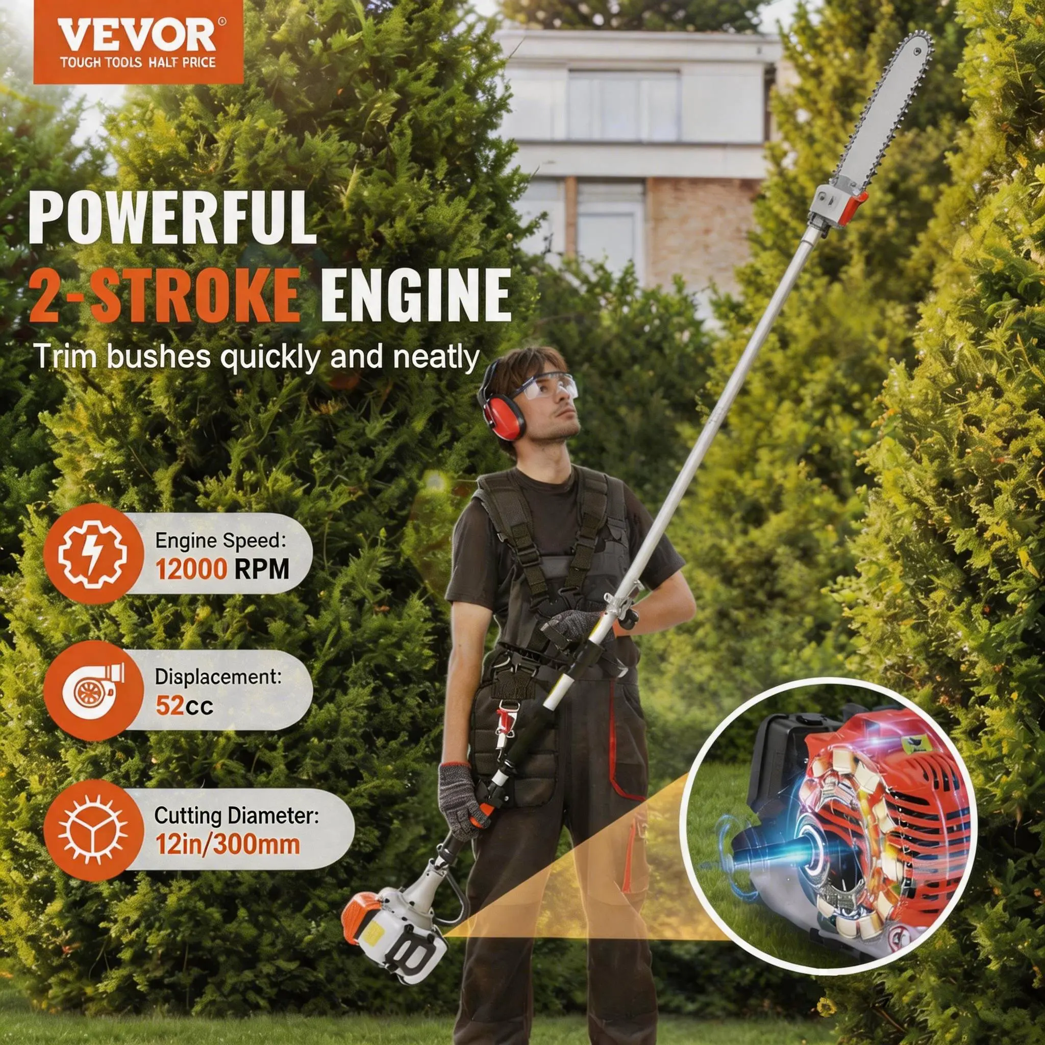 VEVOR Gas Pole Saw, 52CC 2 Stroke Gas Powered Pole Saws with 14 in Cutting Bar, Cordless Tree Trimmer with 30 fl.oz Fuel Tank, 7.2 to 10 ft Extendable, Powerful Chainsaw for Tree Trimming Pruning