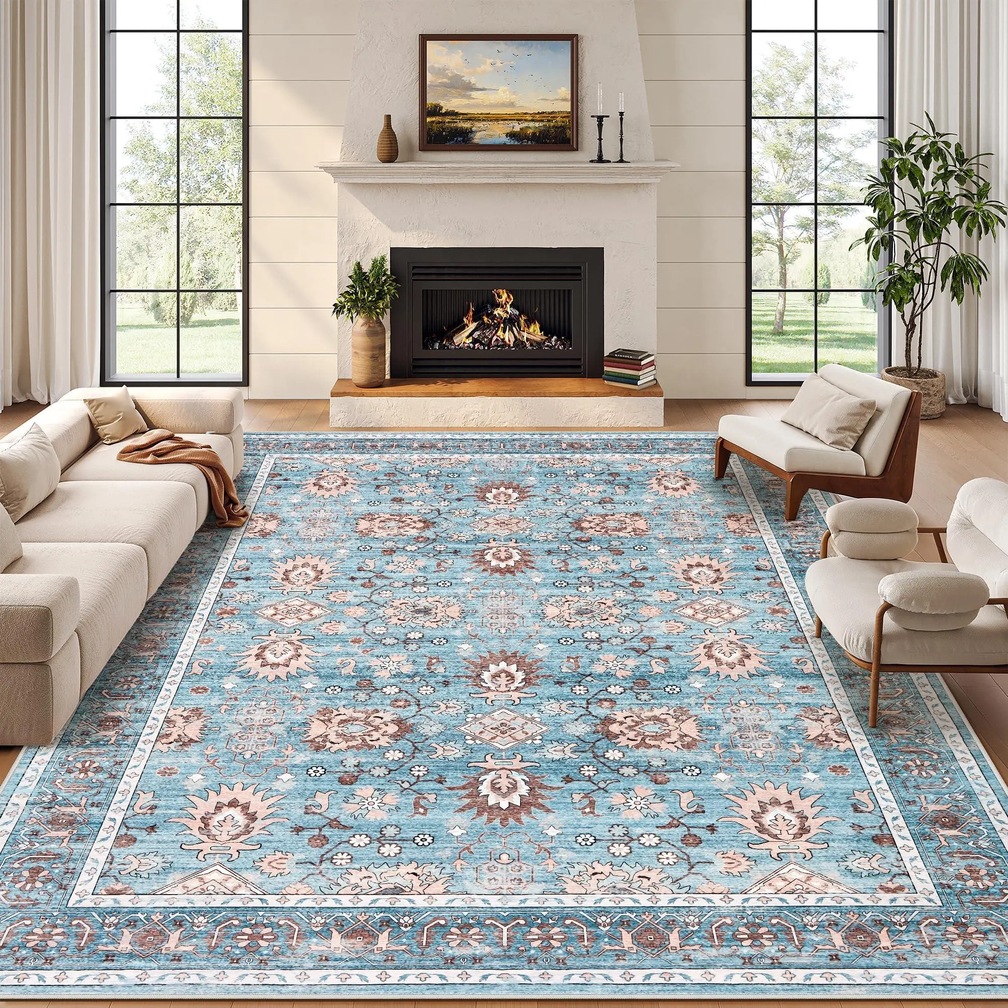 GAOMON 9x12 Area Rug for Living Room, Washable Vintage Soft Rug, Green | Non-Slip Low-Pile Printed Carpet for Entryway, Kitchen, Bedroom blue