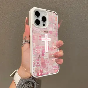 Magnetic Compatible Case for iPhone 16 E Pro Max 15 Plus 14 13 12 11 XS XR, Pink Cross Faith Collage Aesthetic Print | Shockproof, Silicone, Lightweight, Scratch Resistant, and Trendy Protection