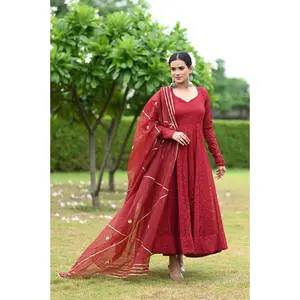 Maroon Chikankari Anarkali Set
