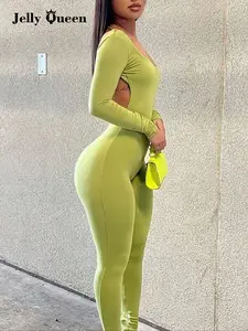 Women's Sexy Solid Color Fashion Backless Sweetheart Neck Long Sleeve Tight Fit Jumpsuit, Stylish Casual Wear for All Seasons