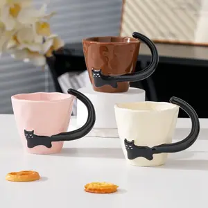 Cute 3D Black Cat Tail Handle Ceramic Mug, Adorable Aesthetic Coffee Cup for Cat Lovers, Perfect for Daily Use & Gifting