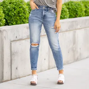 KanCan Katherine High Rise Distressed Mom Jeans Medium Blue Wash