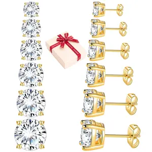 Gold 6 Pairs Stud Earrings Set with Gift Box, Hypoallergenic Cubic Zircon 316L Earrings, stainless Steel CZ Earrings, CZ Cartilage Stud Earrings Jewelry Sets for Women Men, Integrated 4-Prong Zircon Earrings 3-8mm