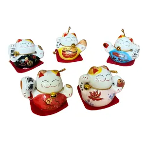 Mini Maneki Neko Lucky Cat Set of 5 - 2 Inch Smiley Japanese Cats for Home, Office & Car Decor, Feng Shui Good Luck Statues & Ornaments