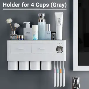 Toothbrush Holder Set for Bathroom - Wall Mount Organizer with 4-Cup Capacity, Storage Box and Slots for Electric Toothbrush, Toothpaste, Combs and Razors, White and Drill-Free