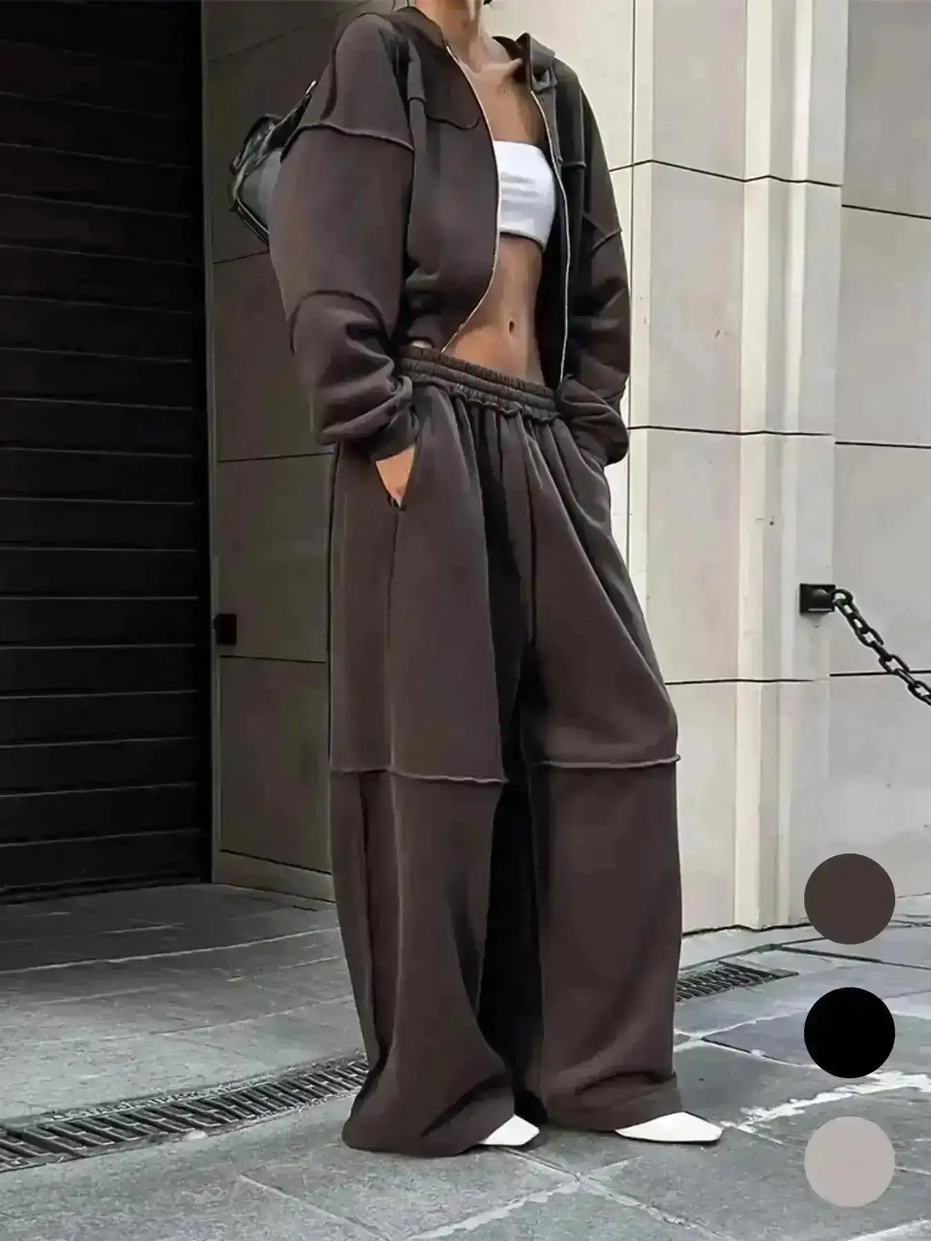 Women's Solid Zip Up Hooded Sweatshirt & Pocket Elastic Waist Pants Two-Piece Set, Casual Outfits Women, Casual Drop Shoulder Long Sleeve Top & Trousers for Fall Winter, Women's Clothes for Daily Wear, Brown