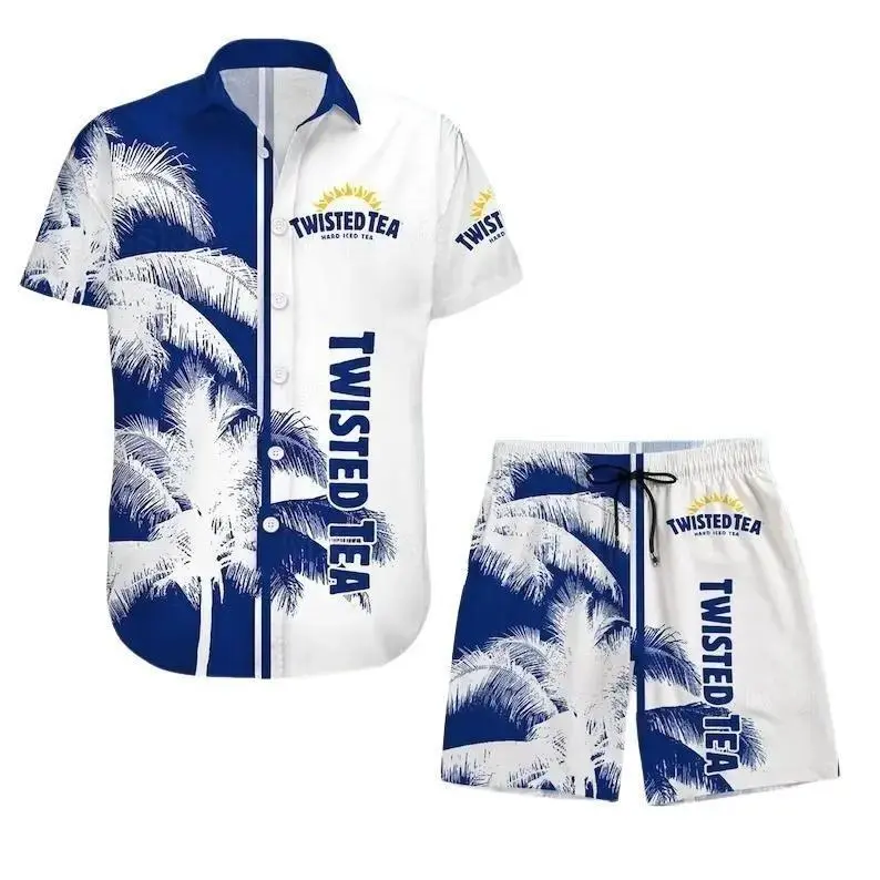 Vintage Blue Tropical Fern Men's Hawaiian Shirt and Short Light Beer Lovers Swim Trunks, Father's Day Aloha Gift for Him, Trendy Casual Breathable Surfing Beach Shorts Swimwear Menswear