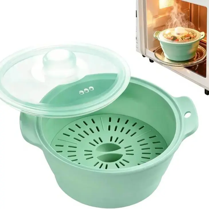 Collapsible Silicone Microwave Vegetable Steamer Cookware - 42oz Large, Food-Grade, With Lid & Removable Rack, For Fresh/Frozen Vegetables Dumplings Prep Meals, Dishwasher Safe