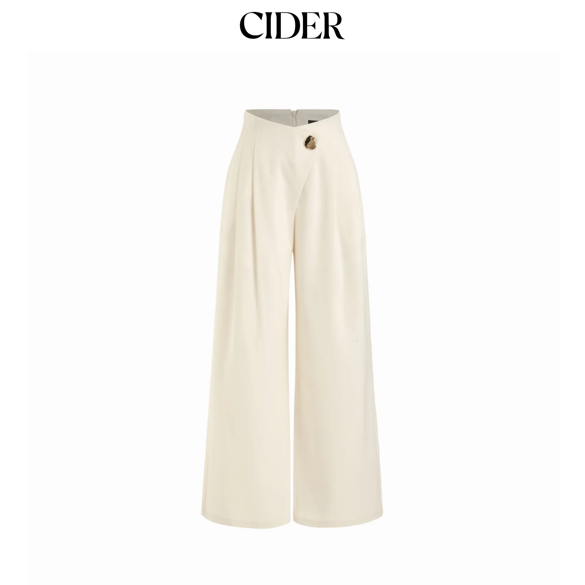 Cider Women's Casual High-Rise Wide-Leg Pants, Solid Color Trousers Featuring a Pleated Front and Metal Button Detail
