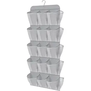 Grey dual-sided hanging shoe organizer for closet with 30 large pockets and rotating hanger, hanging shoe shelves
