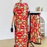 Women's Fashion Lip-Print Long Robe Dress with Matching Headscarf, Beach Sun-Protection Satin Scarf Outfit for Summer Beach Resort Wear