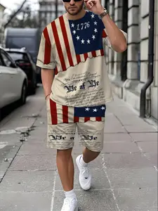 American Flag Pattern Couples' Matching Casual Sports Set, Short Sleeve Tee and Shorts, Summer Trendy Graphic Clothing, Two-Piece
