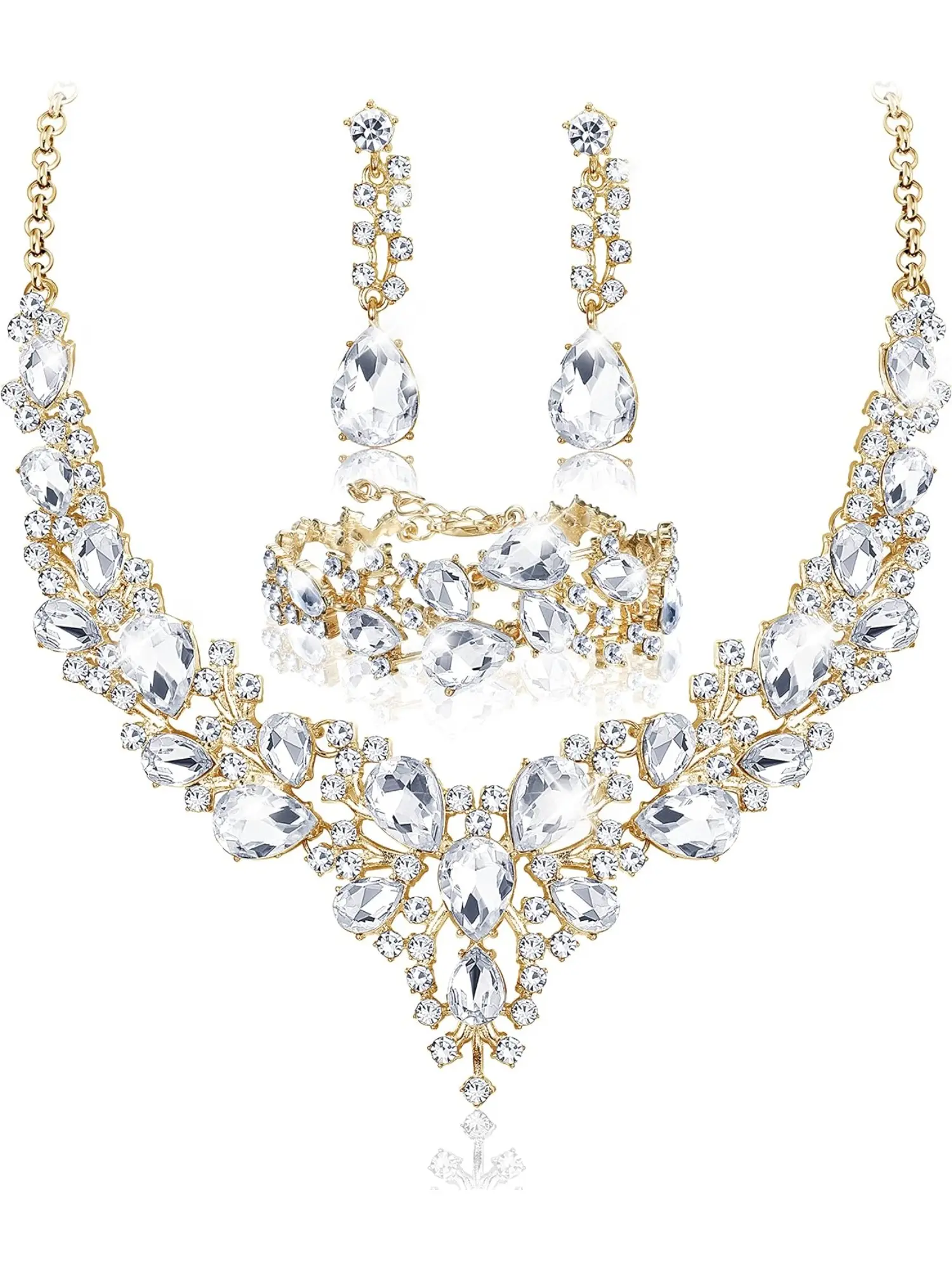 Gorgeous 4 Pcs Silvery Golden Shining Wedding Bridal Jewelry Set for Women Men Rhinestone Teardrop Cluster Statement Necklace Dangle Earrings Bracelet Alloy Jewelry Set for Wedding Party Dress Prom Elegant Jewelry Set Necklaces Earrings Set