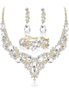 Gorgeous 4 Pcs Silvery Golden Shining Wedding Bridal Jewelry Set for Women Men Rhinestone Teardrop Cluster Statement Necklace Dangle Earrings Bracelet Alloy Jewelry Set for Wedding Party Dress Prom Elegant Jewelry Set