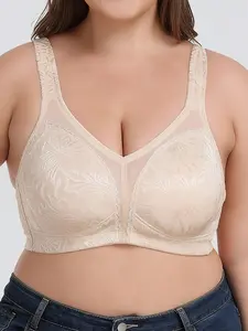 Beautiful Embroidered Full Coverage Plus Size Bralette, Comfortable Casual Homewear Style with Wide Straps, Lightweight Thin Cup, Wireless, Fit for Everyday and Sleep Use